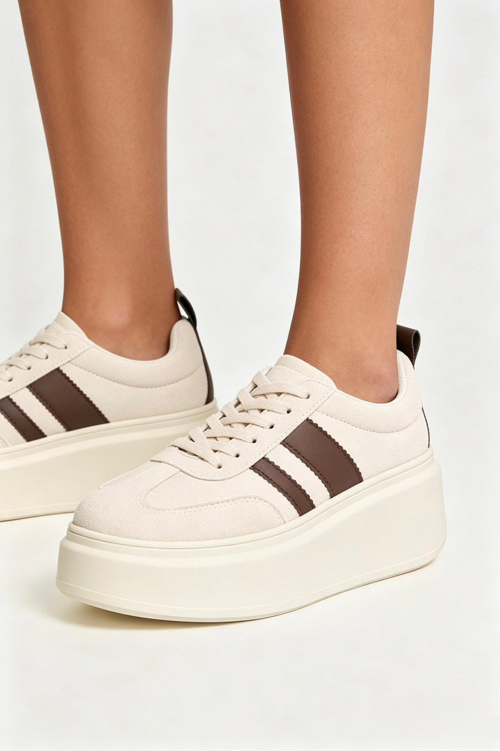 Beige Platform Trainers with Contrast Stripe Detail