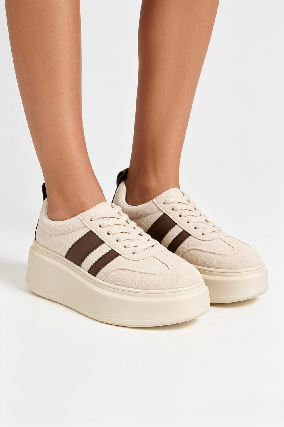 Beige Platform Trainers with Contrast Stripe Detail