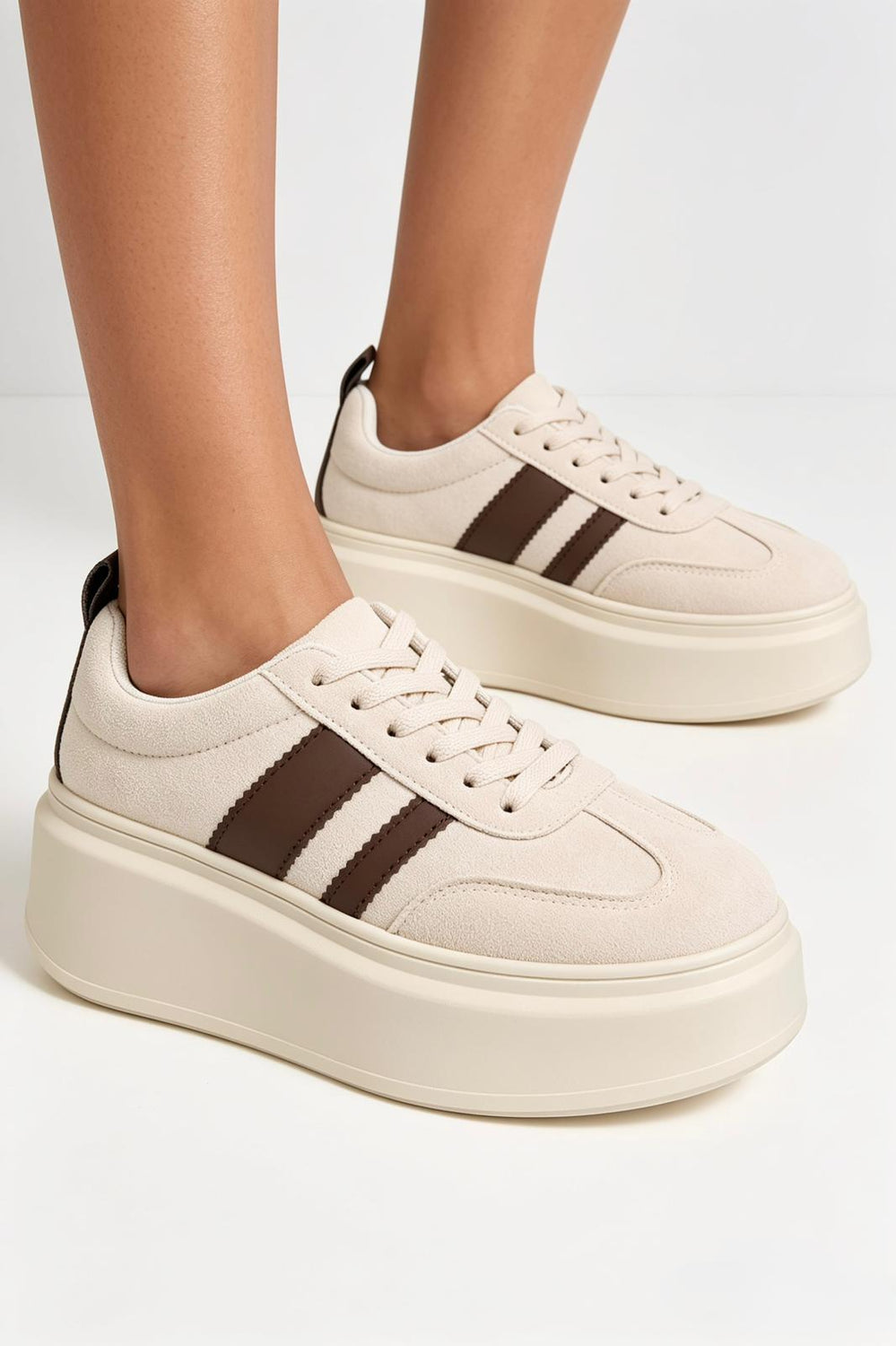 Beige Platform Trainers with Contrast Stripe Detail