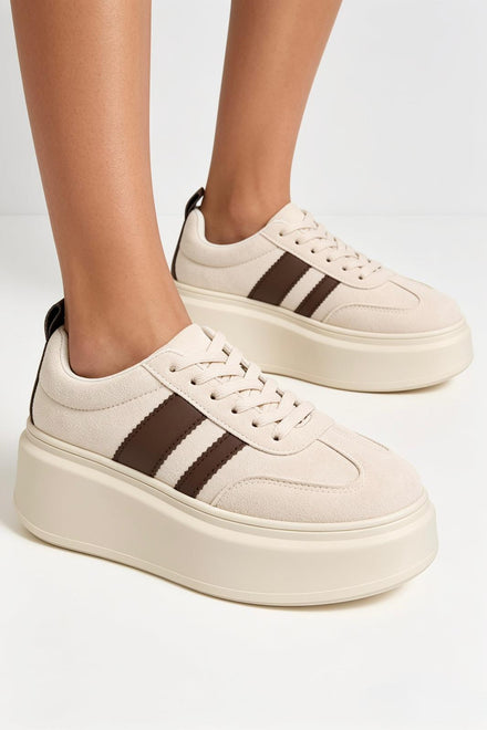 Beige Platform Trainers with Contrast Stripe Detail