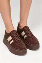 Brown Suede Platform Trainers with Contrast Stripe Detail