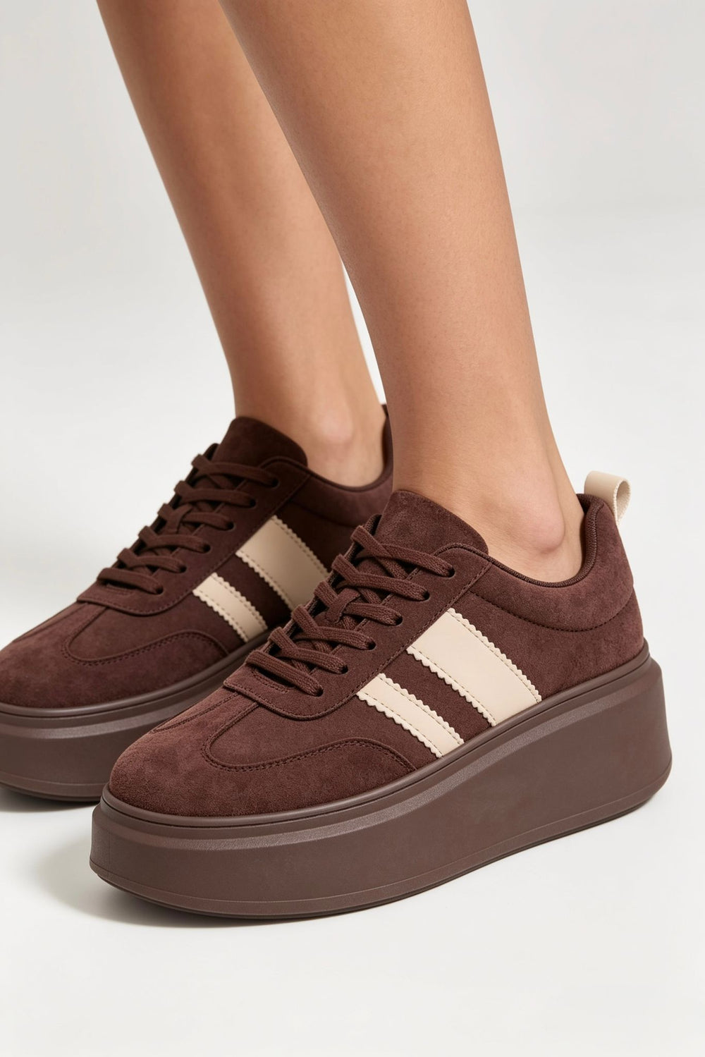 Brown Suede Platform Trainers with Contrast Stripe Detail