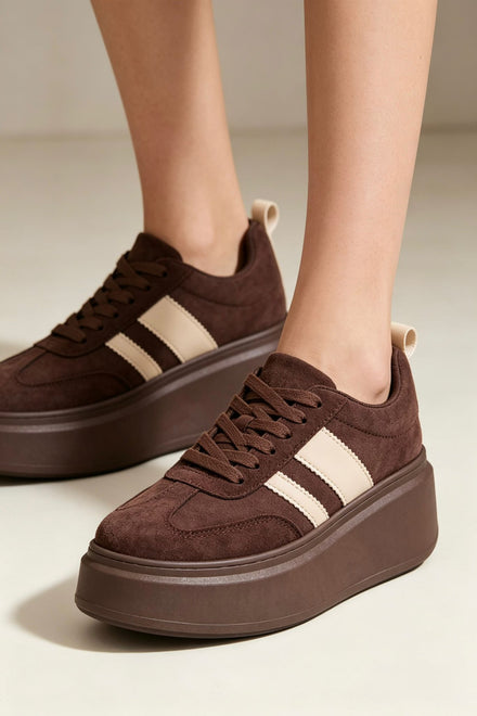 Brown Suede Platform Trainers with Contrast Stripe Detail