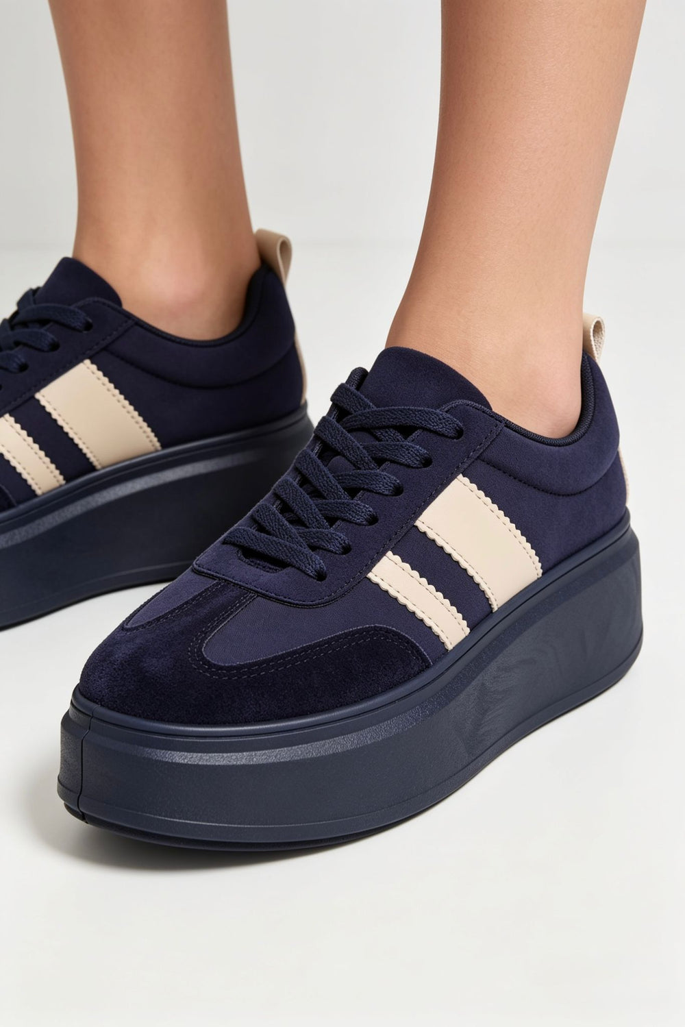 Navy Suede Platform Trainers with Contrast Stripe Detail