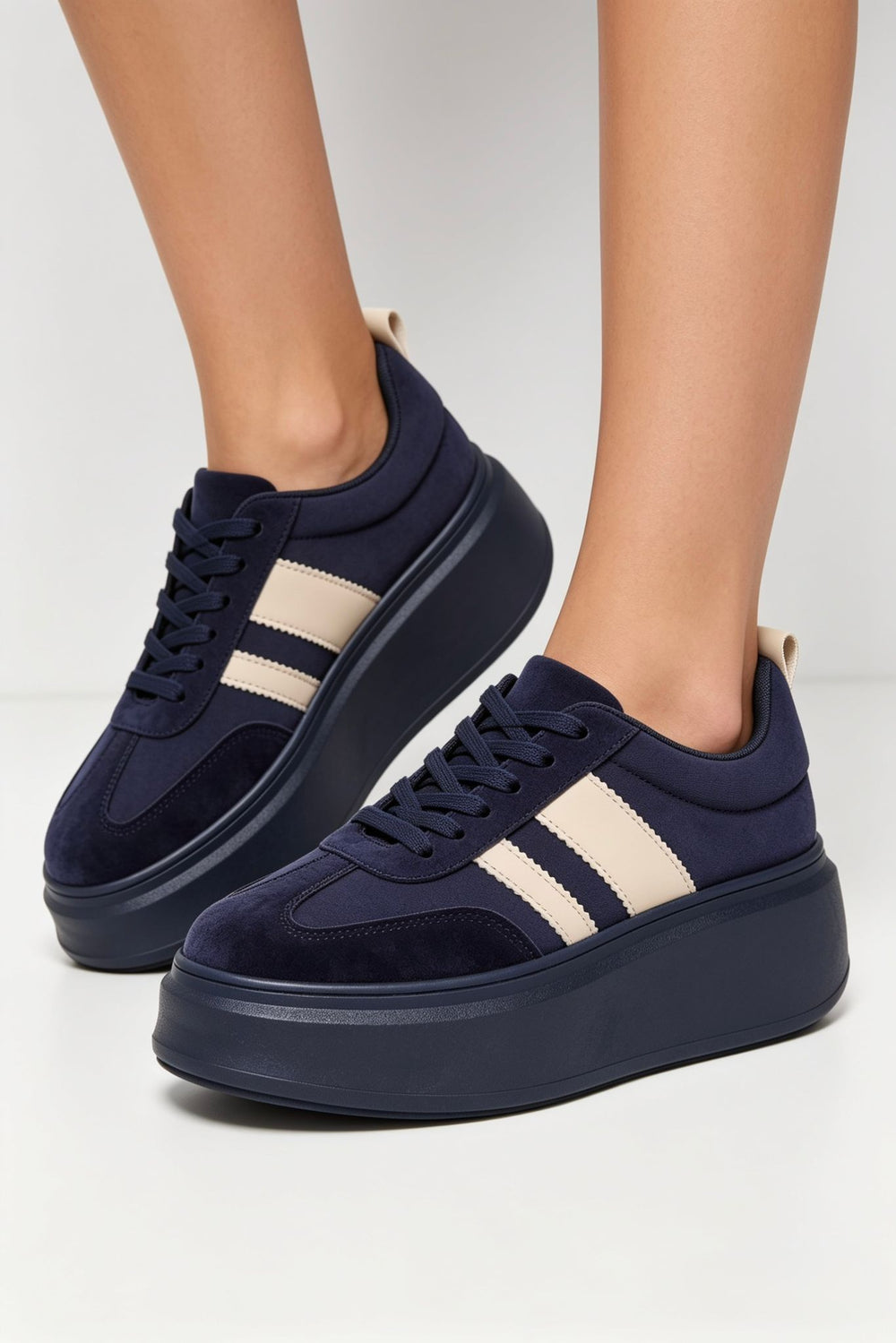 Navy Suede Platform Trainers with Contrast Stripe Detail