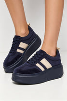 Navy Suede Platform Trainers with Contrast Stripe Detail