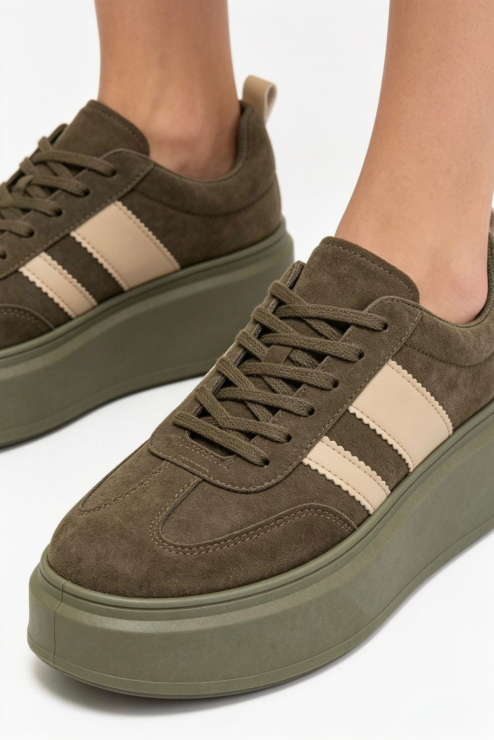 Green Suede Platform Trainers with Contrast Stripe Detail