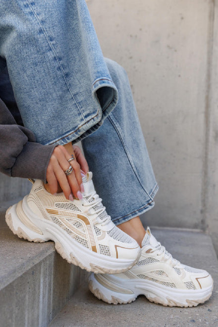 BEIGE LACE UP CHUNKY DESIGNER LADIES GIRLS SNEAKERS TRAINERS