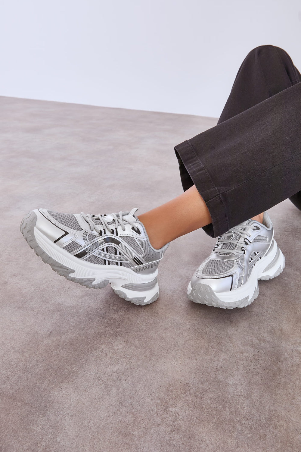 Women's Silver Lace Up Chunky Platform Trainers