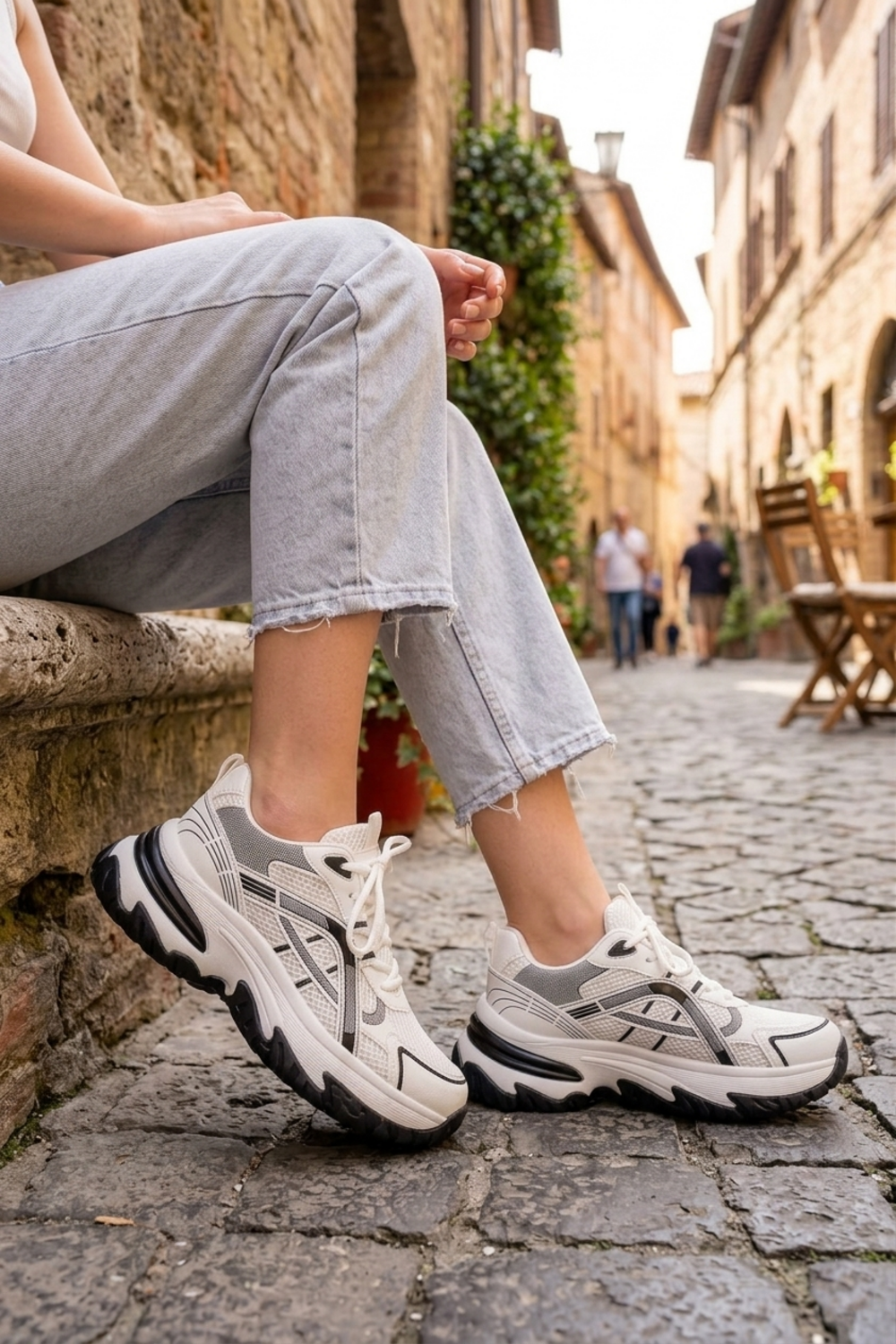 Women's White Chunky Running-Inspired Sneakers Lace Up Trainers