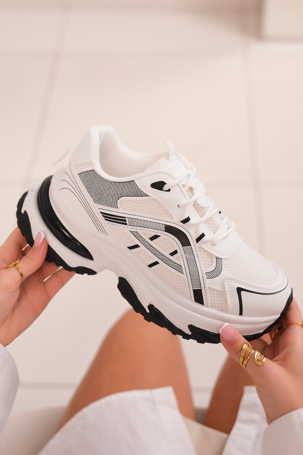 Women's White Lace Up Chunky Platform Trainers