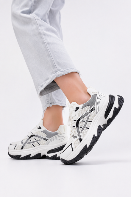 Women's White Chunky Running-Inspired Sneakers Lace Up Trainers