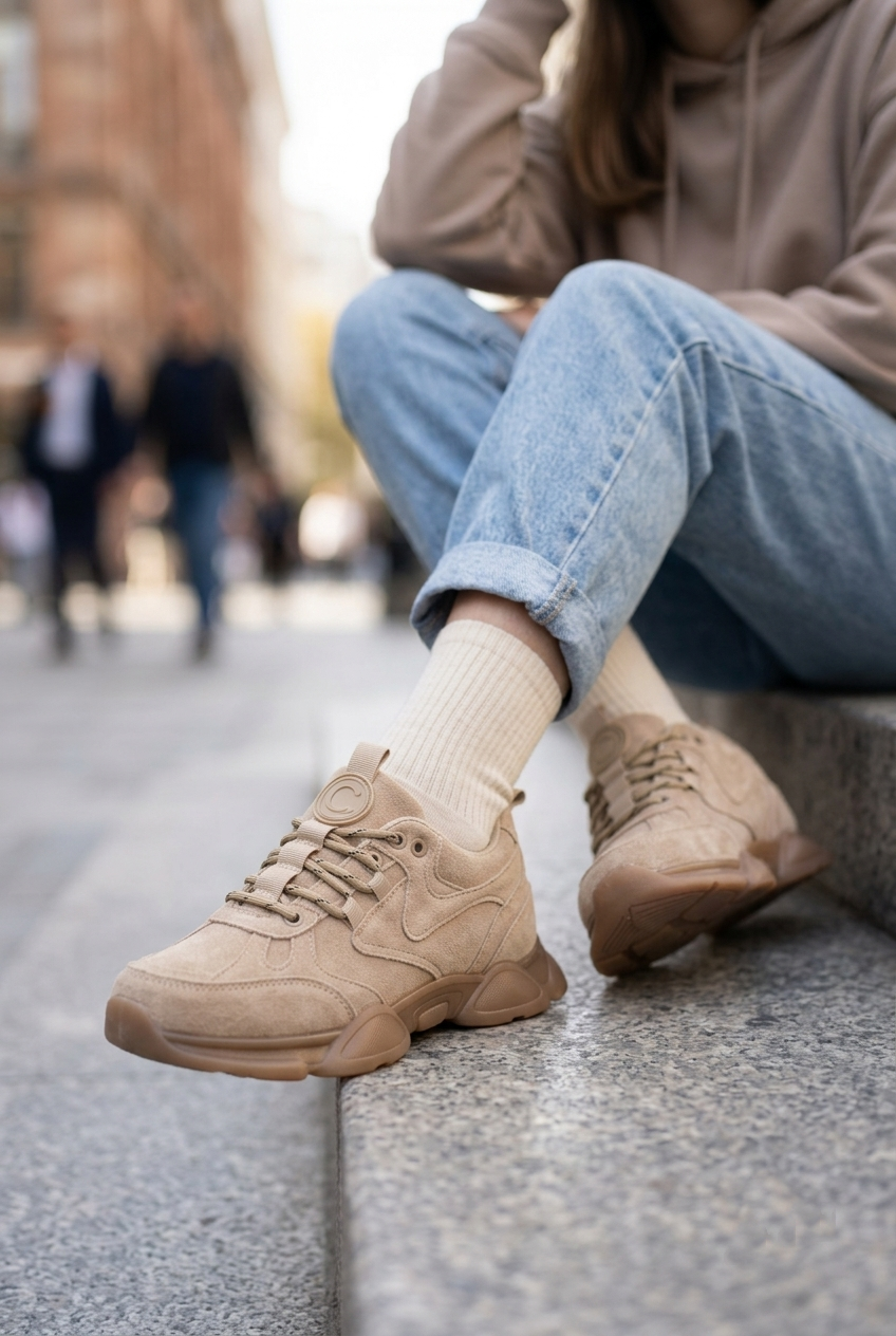 Ladies Khaki Suede Chunky Casual Sneakers Comfort Trainers