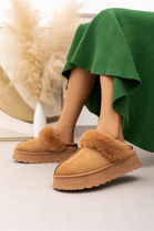 CAMEL FAUX FUR LINED PLATFORM ANKLE SLIPPERS FLUFFY SLIDE MULES