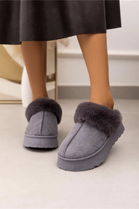 GREY FAUX FUR LINED PLATFORM ANKLE SLIPPERS FLUFFY SLIDE MULES