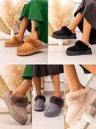 GREY FAUX FUR LINED PLATFORM ANKLE SLIPPERS FLUFFY SLIDE MULES
