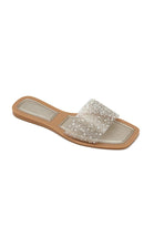 CRYSTAL PERSPEX DIAMANTES FLATS SLIP ON SANDALS IN GOLD