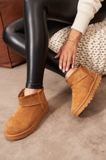 CAMEL FLUFFY FAUX FUR LINED MINI CLASSIC COZY ANKLE BOOTS