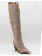 KHAKI SUEDE KNEE HIGH WESTERN METAL POINTED HEEL COWBOY BOOTS