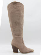 KHAKI SUEDE KNEE HIGH WESTERN METAL POINTED HEEL COWBOY BOOTS
