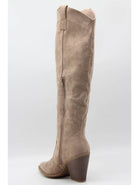 KHAKI SUEDE KNEE HIGH WESTERN METAL POINTED HEEL COWBOY BOOTS