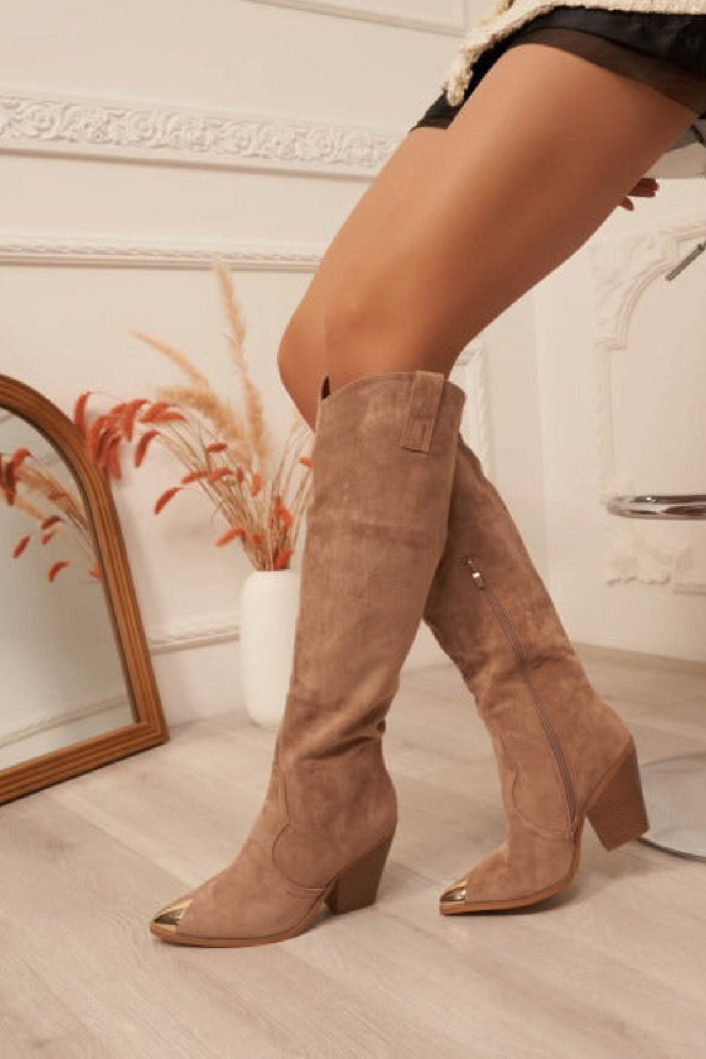 KHAKI CALF HIGH KNEE LENGTH WESTERN COWBOY BOOTS