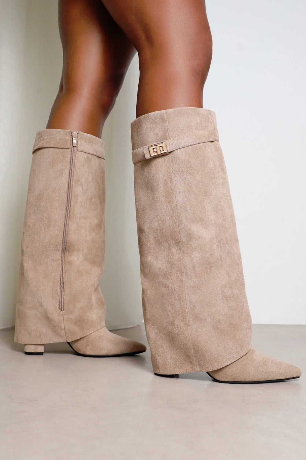 KHAKI SUEDE FOLD OVER BUCKLE DETAIL FULL INSIDE ZIP BLOCK HEEL KNEE HIGH SHARK BOOTS