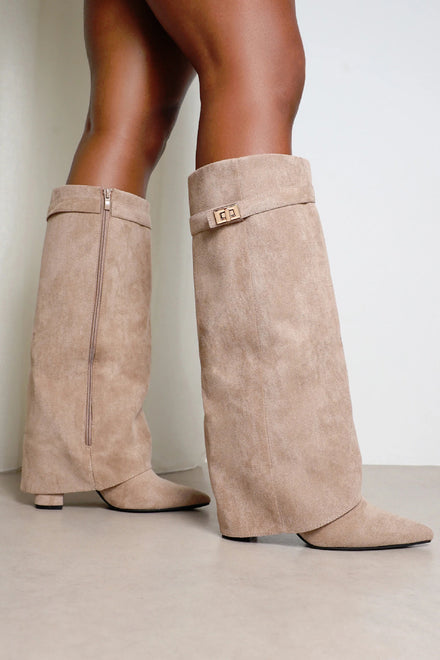 KHAKI SUEDE FOLD OVER BUCKLE DETAIL FULL INSIDE ZIP BLOCK HEEL KNEE HIGH SHARK BOOTS