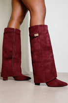 WINE SUEDE FOLD OVER BUCKLE DETAIL FULL INSIDE ZIP BLOCK HEEL KNEE HIGH SHARK BOOTS