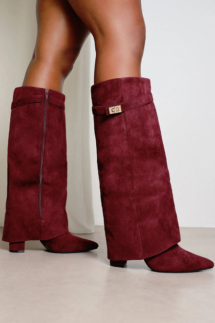 WINE SUEDE FOLD OVER BUCKLE DETAIL FULL INSIDE ZIP BLOCK HEEL KNEE HIGH SHARK BOOTS