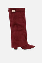 WINE SUEDE FOLD OVER BUCKLE DETAIL FULL INSIDE ZIP BLOCK HEEL KNEE HIGH SHARK BOOTS