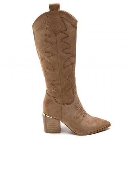 CAMEL EMBROIDED WESTERN KNEE CALF HIGH COWBOY BOOTS