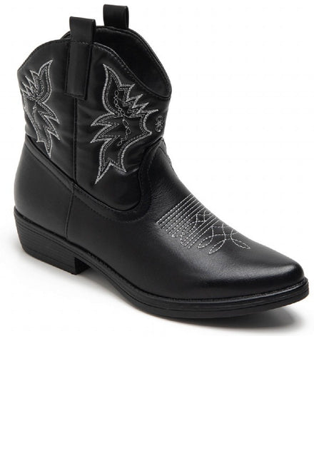 BLACK COWBOY BOOTS SILVER EMBROIDED FLAT WESTERN ANKLE BOOTS