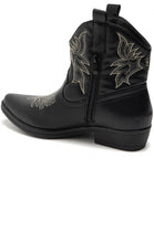 BLACK COWBOY BOOTS GOLD EMBROIDED FLAT WESTERN ANKLE BOOTS