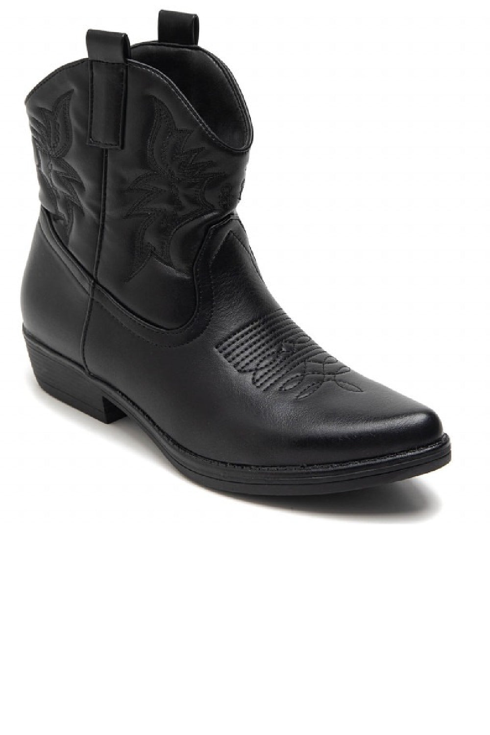BLACK COWBOY BOOTS EMBROIDED FLAT WESTERN ANKLE BOOTS