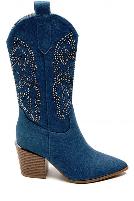 Women's Blue Denim Cowboy Boots with Diamante Studs