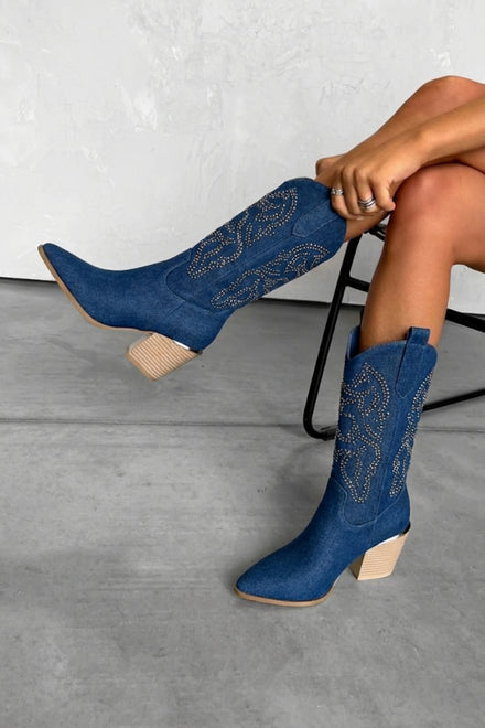 Women's Blue Denim Cowboy Boots with Diamante Studs