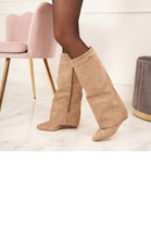 KHAKI FAUX SUEDE FOLD OVER KNEE HIGH WEDGE BOOTS