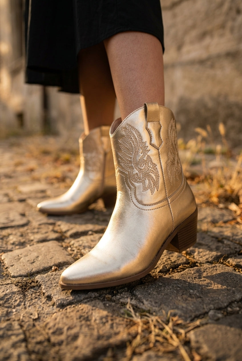 Ladies Metallic Gold Western Ankle Boots – Embroidered Wing Detail & Block Heel