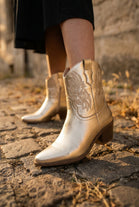 Ladies Metallic Gold Western Ankle Boots – Embroidered Wing Detail & Block Heel