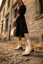 Ladies Metallic Gold Western Ankle Boots – Embroidered Wing Detail & Block Heel