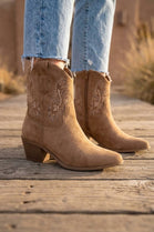 Ladies Camel Suede-Style Western Ankle Boots with Embroidered Detail