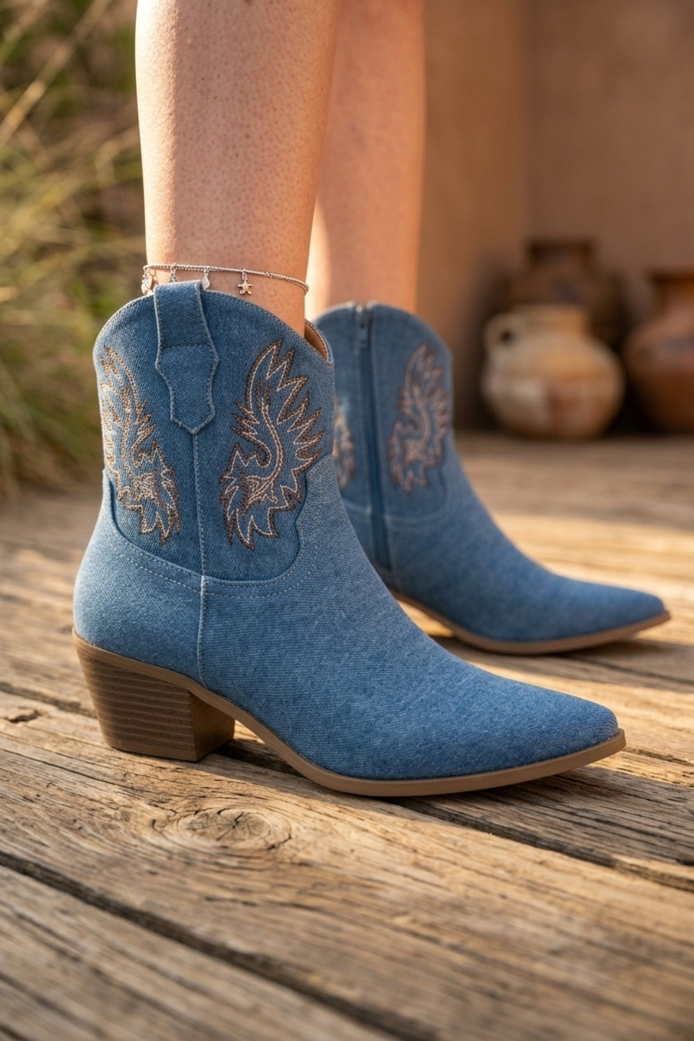 Ladies Blue Denim Western Ankle Boots – Embroidered Wing Detail & Block Heel