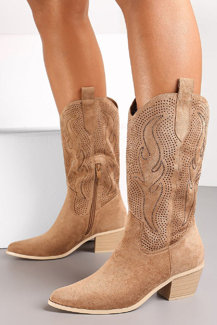 CAMEL EMBROIDED CALF HIGH WESTERN COWBOY BOOTS