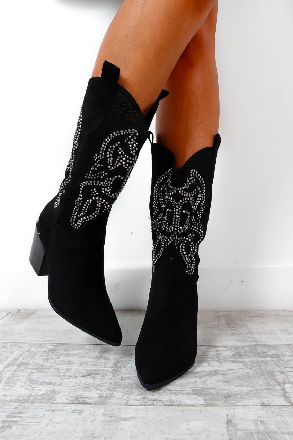 Black Rhinestone Pattern Cowboy Western Boots