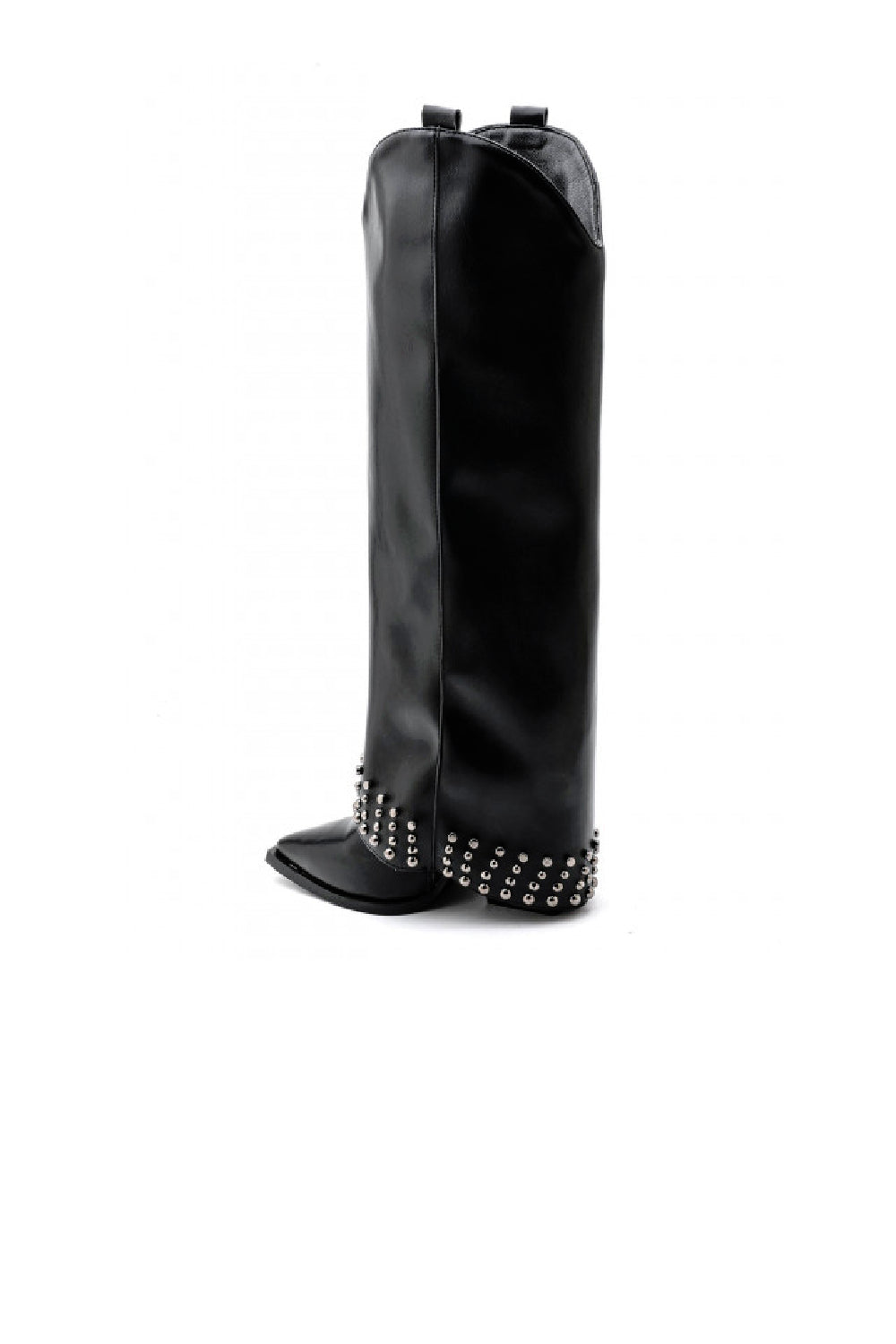 BLACK PU KNEE HIGH BUCKLE DETAIL STUDDED COWBOY WESTERN SHARK BOOTS