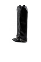 BLACK PU KNEE HIGH BUCKLE DETAIL STUDDED COWBOY WESTERN SHARK BOOTS