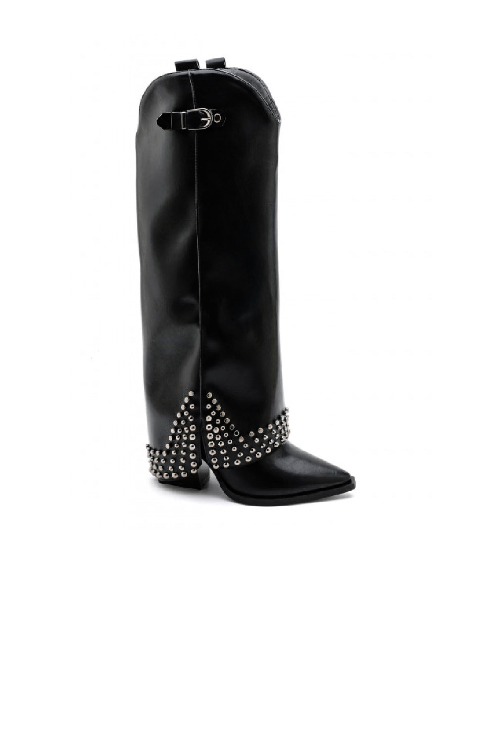 BLACK PU KNEE HIGH BUCKLE DETAIL STUDDED COWBOY WESTERN SHARK BOOTS