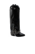 BLACK PU KNEE HIGH BUCKLE DETAIL STUDDED COWBOY WESTERN SHARK BOOTS