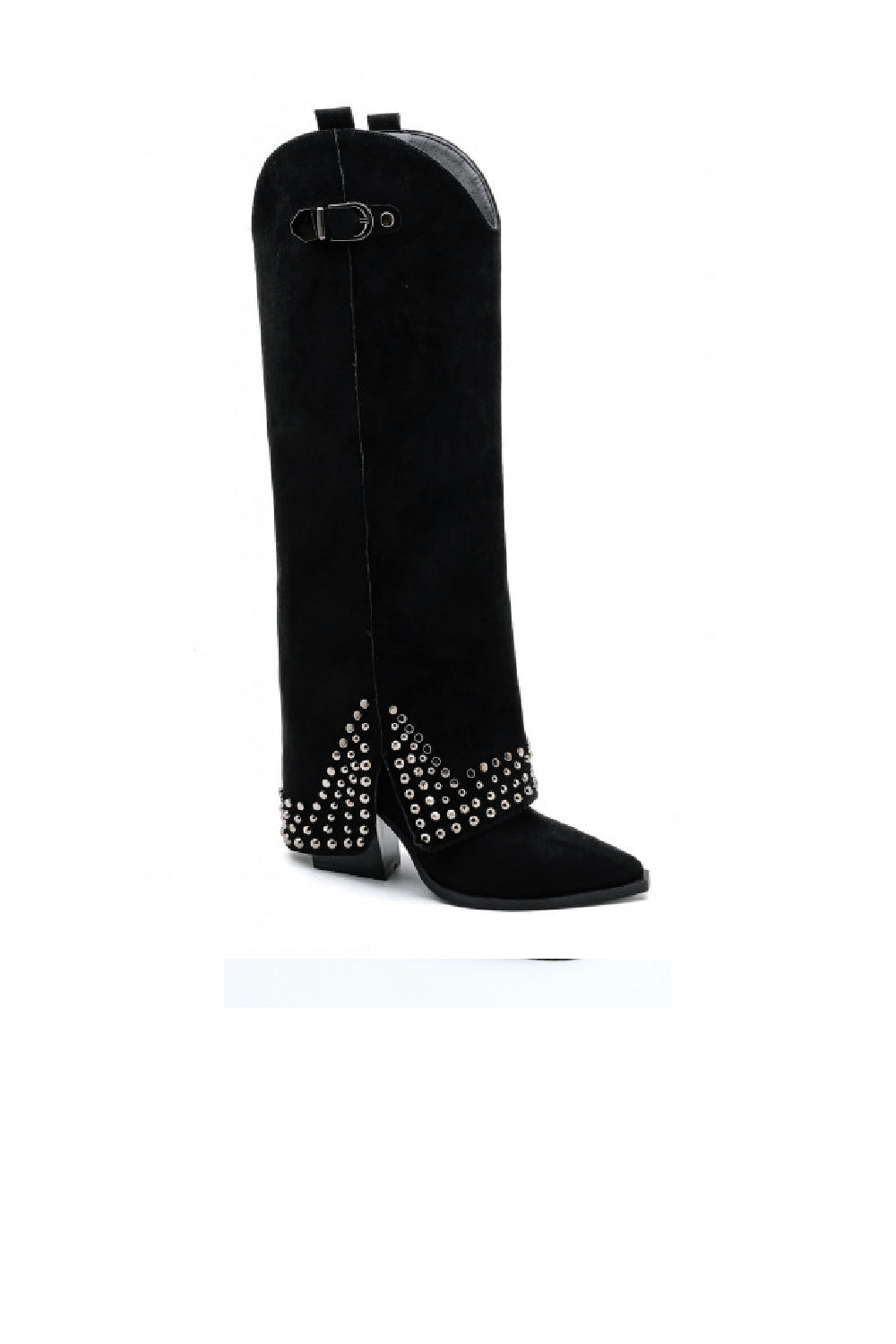 BLACK SUEDE KNEE HIGH BUCKLE DETAIL STUDDED COWBOY WESTERN SHARK BOOTS